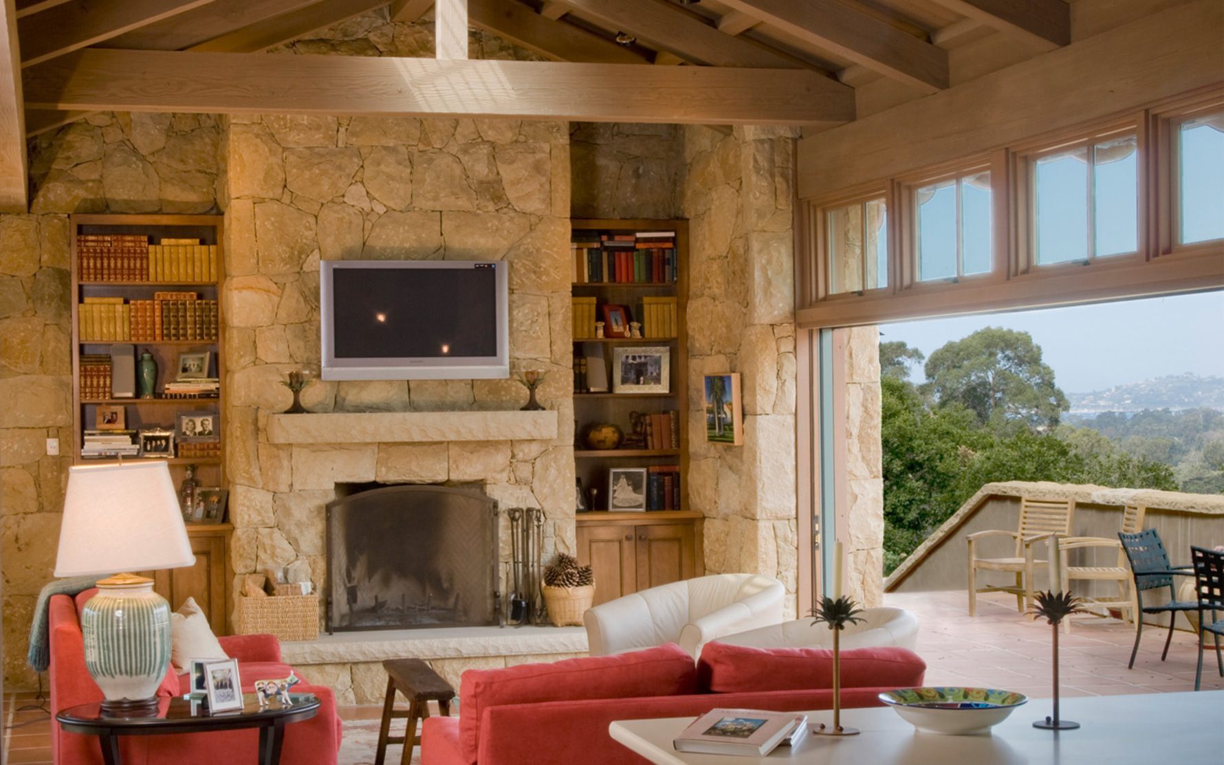 Hedrick-Residence-Stone-Fireplace-Sliding-Patio-Doors