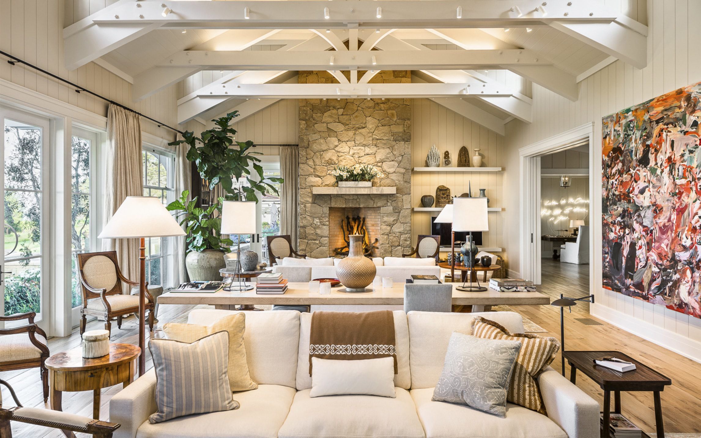 Santa-Barbara-Beach-Residence-Living-Room-Stone-Fireplace